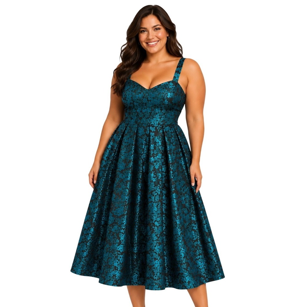 Mila Mae L Floral Jacquard Fit and Flare Cocktail Dress Women Teal Black Party
